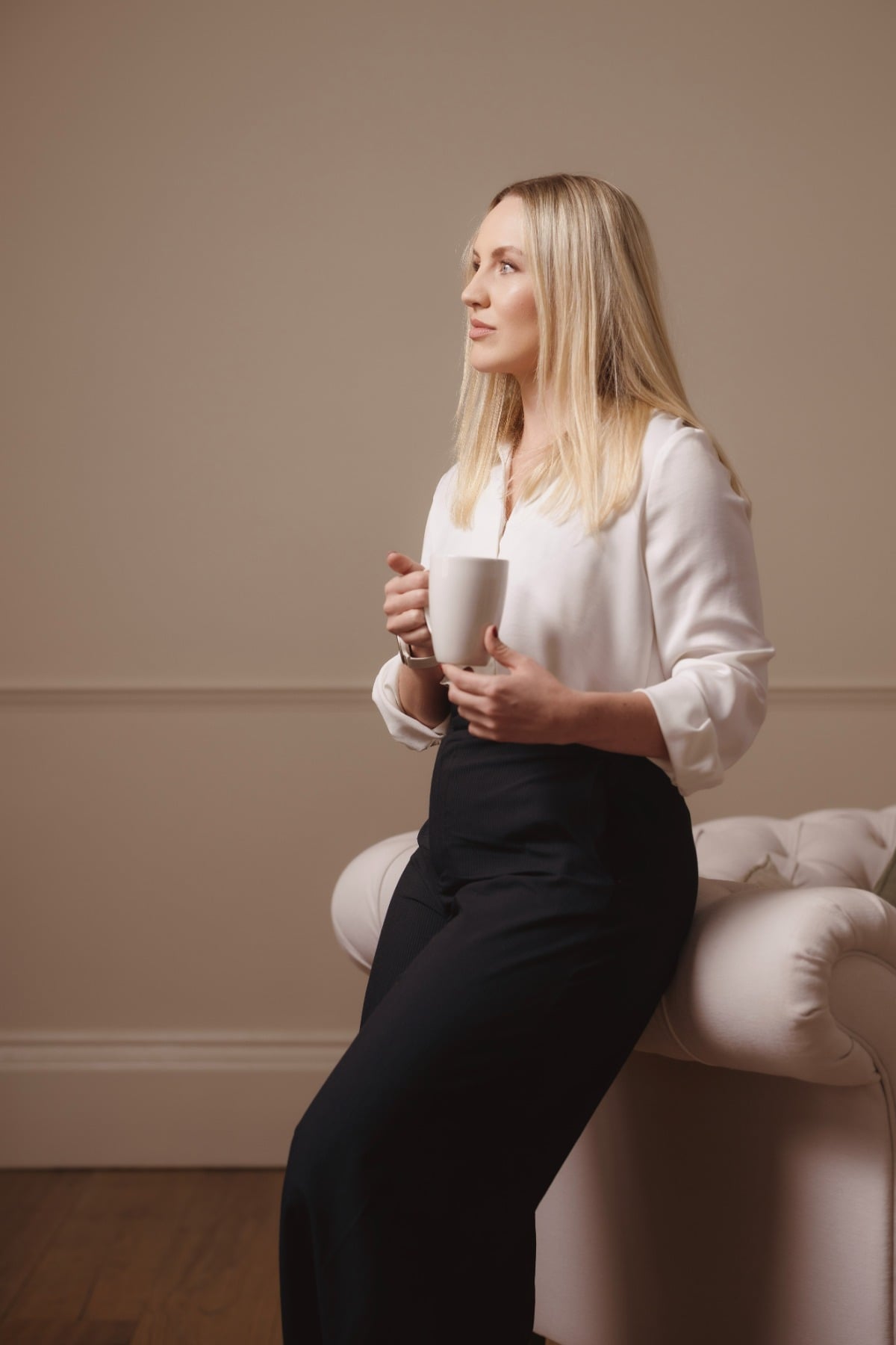 Rachel Turnbull, cognitive behavioural therapist, taking a thoughtful moment during a break